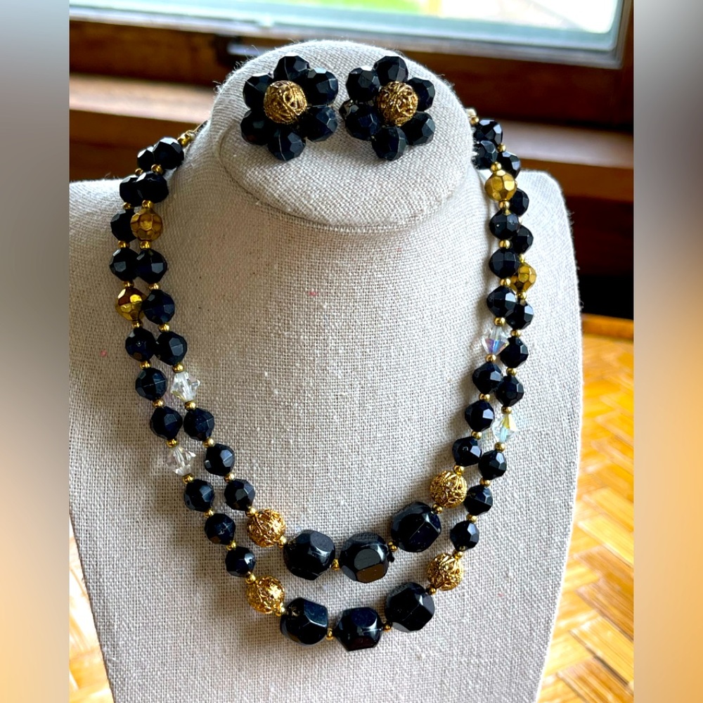 Mid century modern 2 strand necklace & earrings